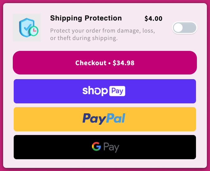 Shop Pay, PayPal, and Google Pay express buttons below the Upcart checkout button