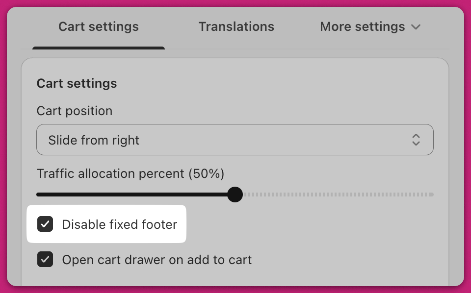 Upcart Cart settings with the Disable fixed footer checkbox highlighted and checked