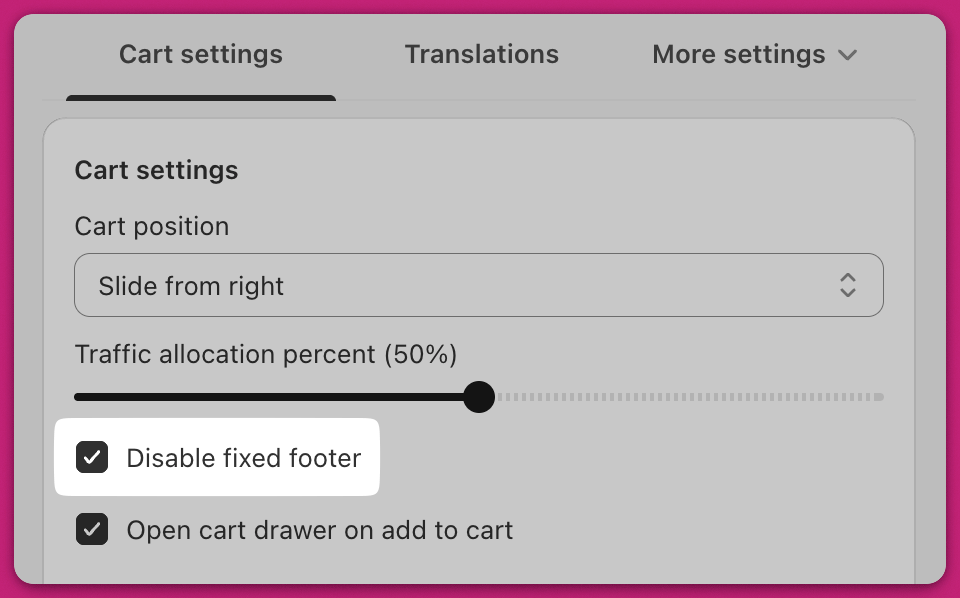 Upcart Cart settings with the Disable fixed footer checkbox highlighted and checked
