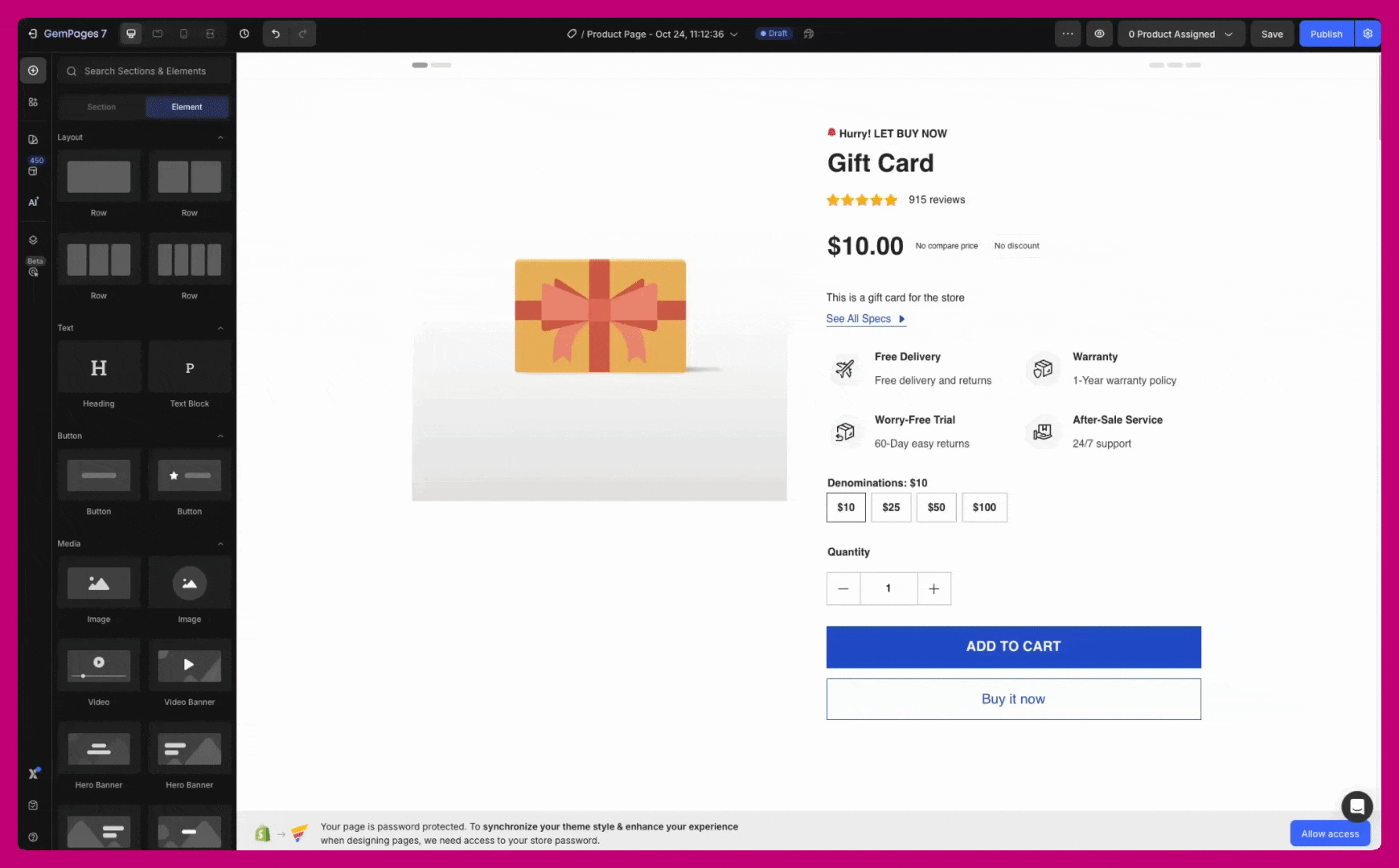 GemPages editor Add to Cart settings with the after click action set to Keep shopping