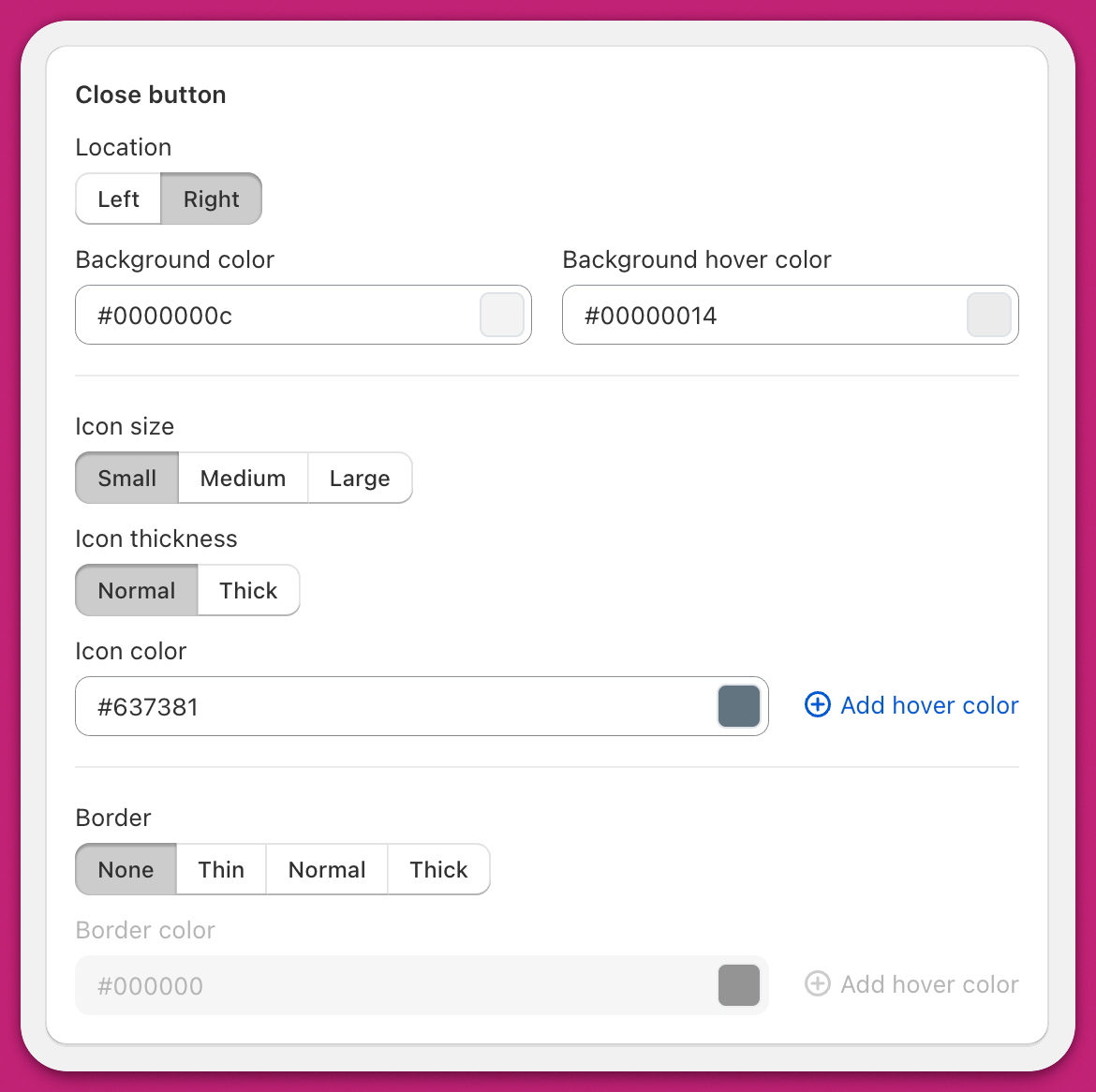 Upcart Header module close button settings for location, colors, icon size, and border