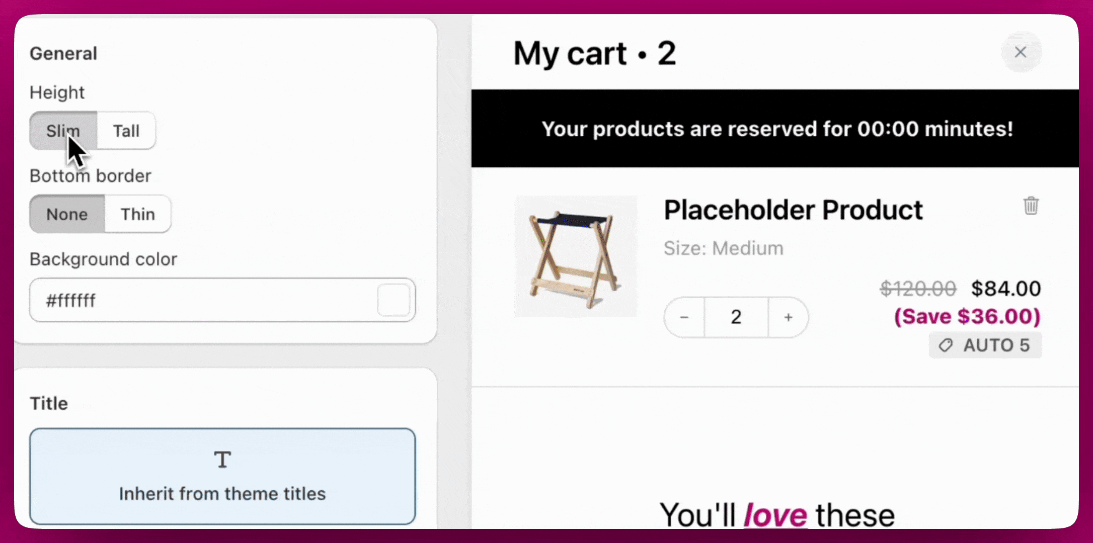 Upcart Header module General settings with height and background color controls beside a cart preview