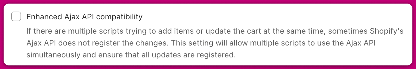 Upcart Enhanced Ajax API compatibility setting with its checkbox and description