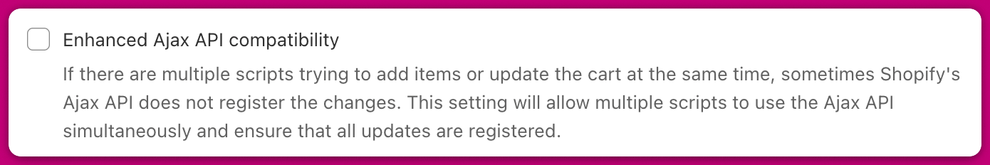 Upcart Enhanced Ajax API compatibility setting with its checkbox and description