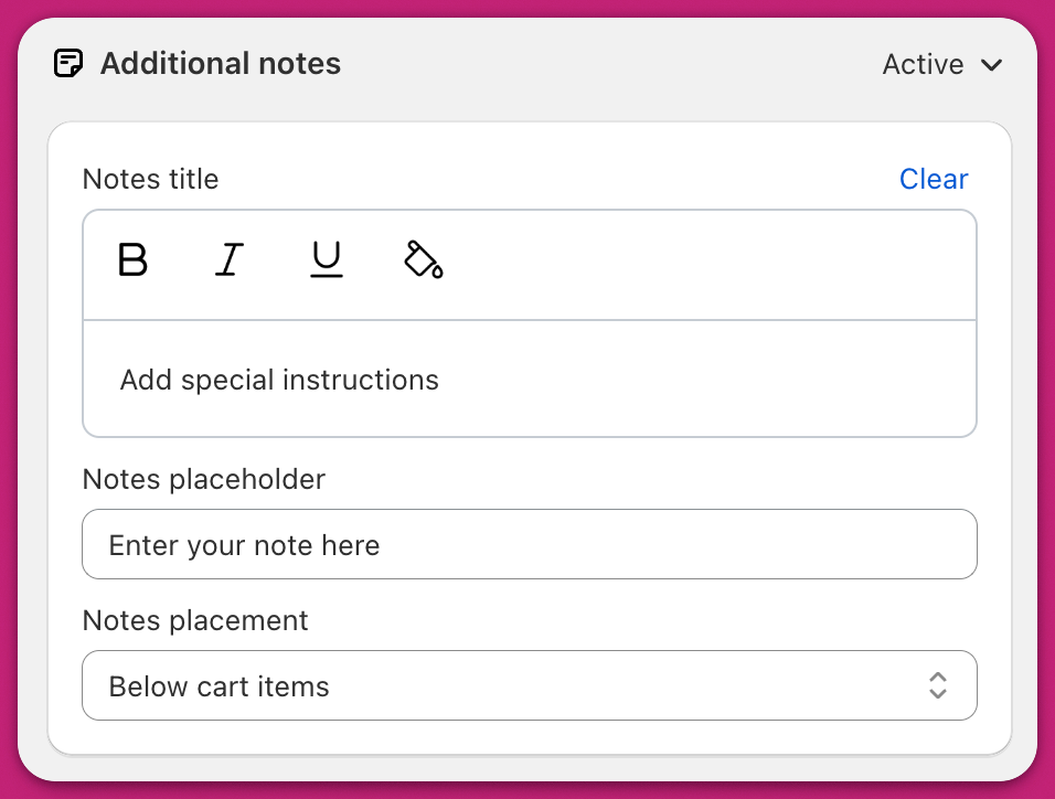 Additional notes module editor with notes title, placeholder, and placement settings
