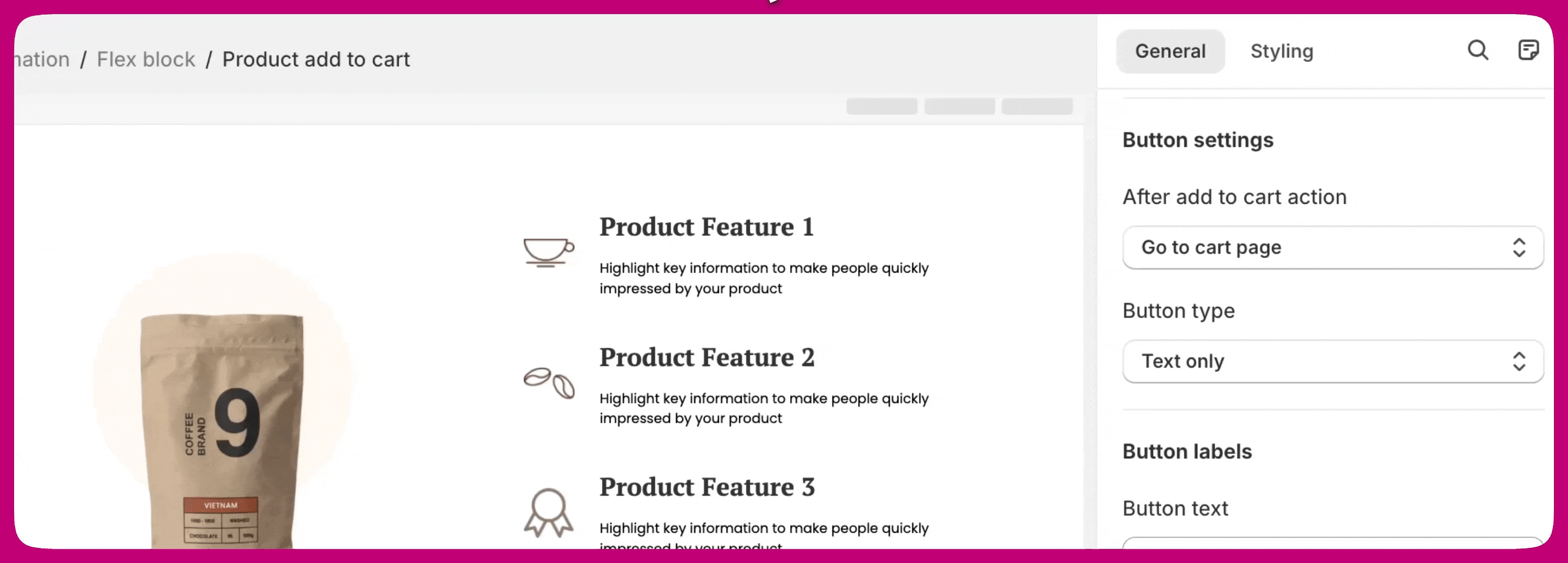 PageFly button settings with After add to cart action set to Stay on the same page