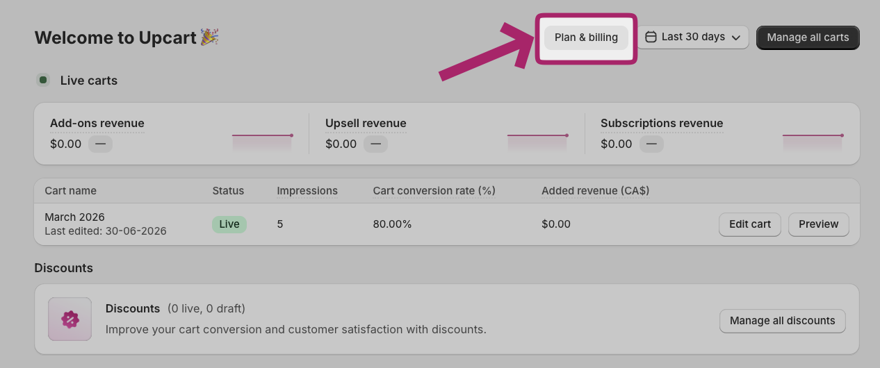 Upcart home page with an arrow pointing to the Plan and billing button