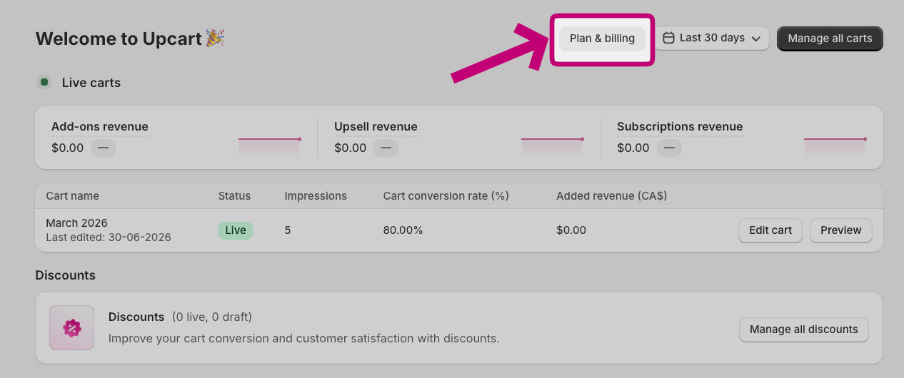Upcart home page with an arrow pointing to the Plan and billing button