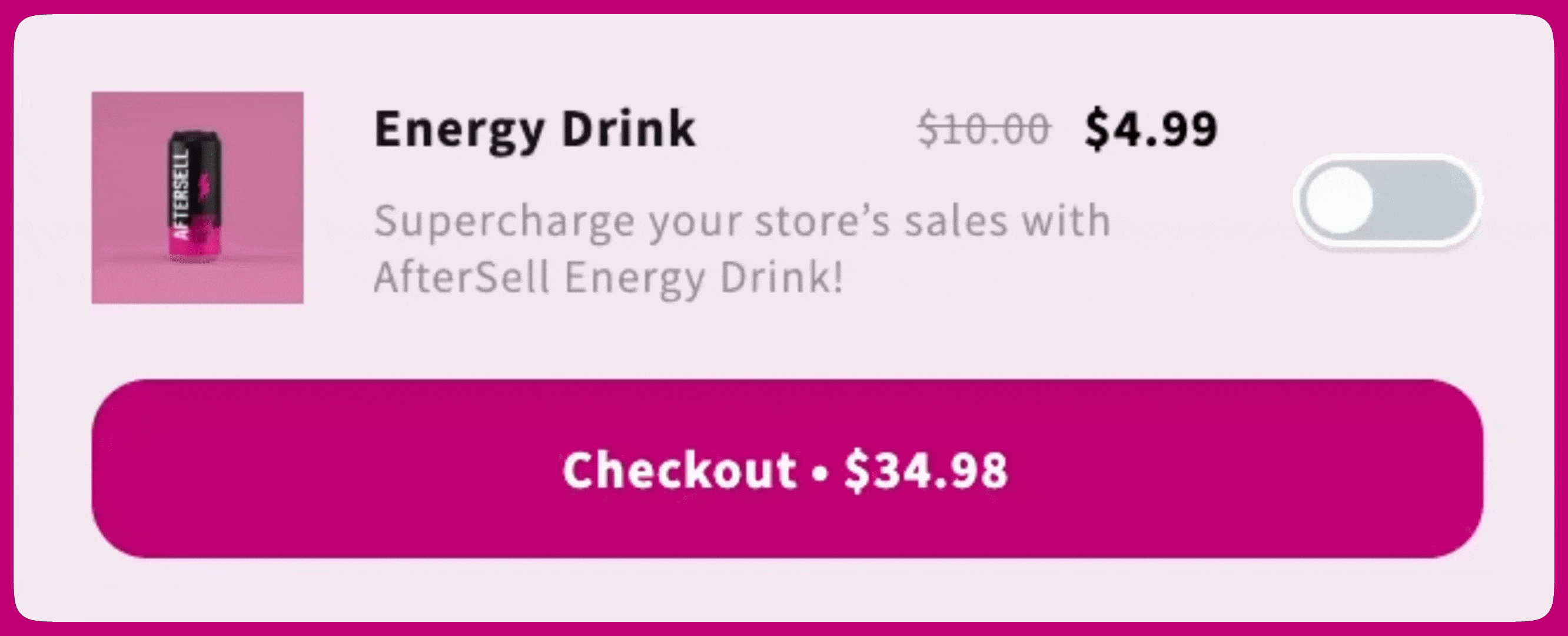 Upcart cart drawer showing an Energy Drink product add-on toggle above the checkout button
