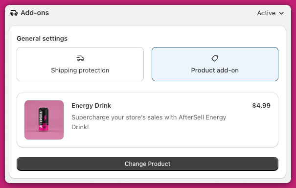 Upcart Add-ons module with Product add-on selected showing the chosen Energy Drink product