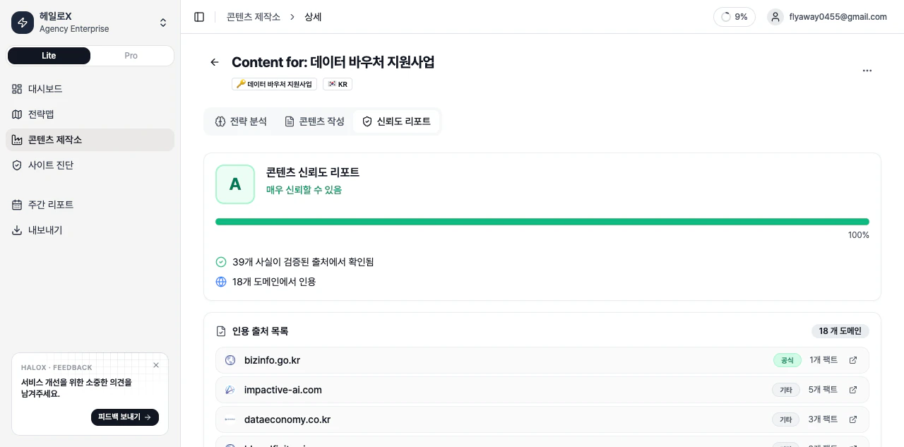 HaloX 콘텐츠 제작소 신뢰도 리포트 탭