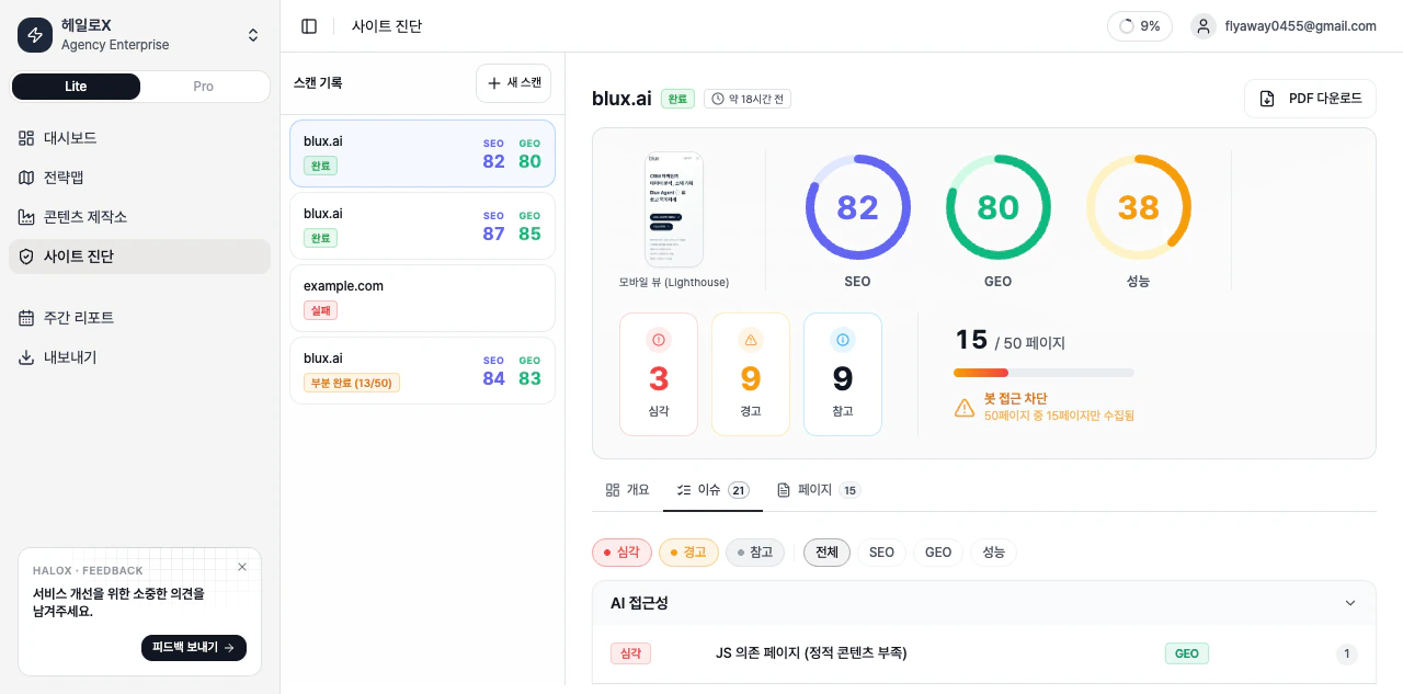 HaloX 사이트 진단 이슈 탭