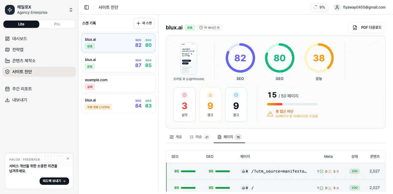 HaloX 사이트 진단 페이지 탭