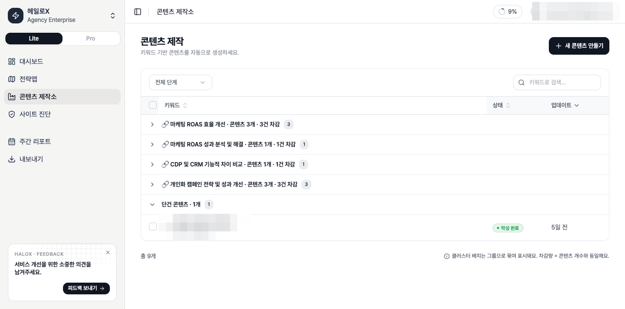 HaloX 콘텐츠 제작소 작업 리스트에서 전략 분석, 작성, 완료 상태를 확인하는 화면