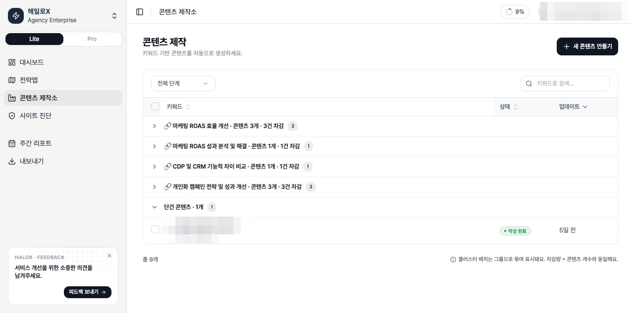 HaloX 콘텐츠 제작소 작업 리스트에서 전략 분석, 작성, 완료 상태를 확인하는 화면
