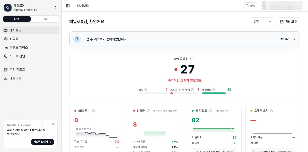 HaloX 대시보드와 사이드바 전체 화면