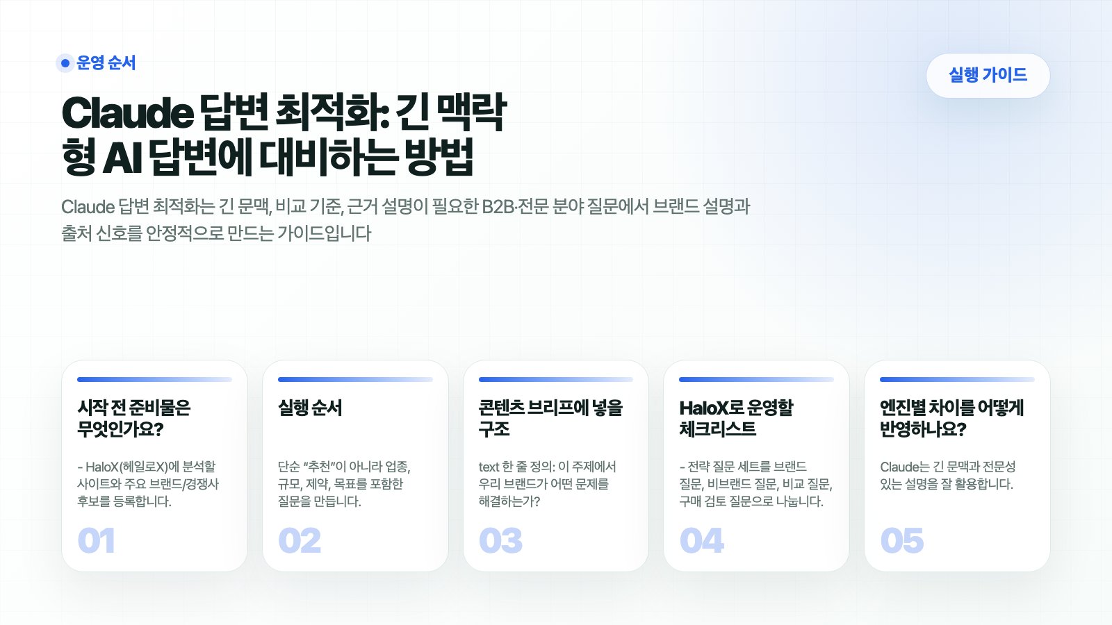 HaloX 가이드 페이지 Claude 답변 최적화: 긴 맥락형 AI 답변에 대비하는 방법의 핵심 흐름을 5개 카드로 요약한 썸네일