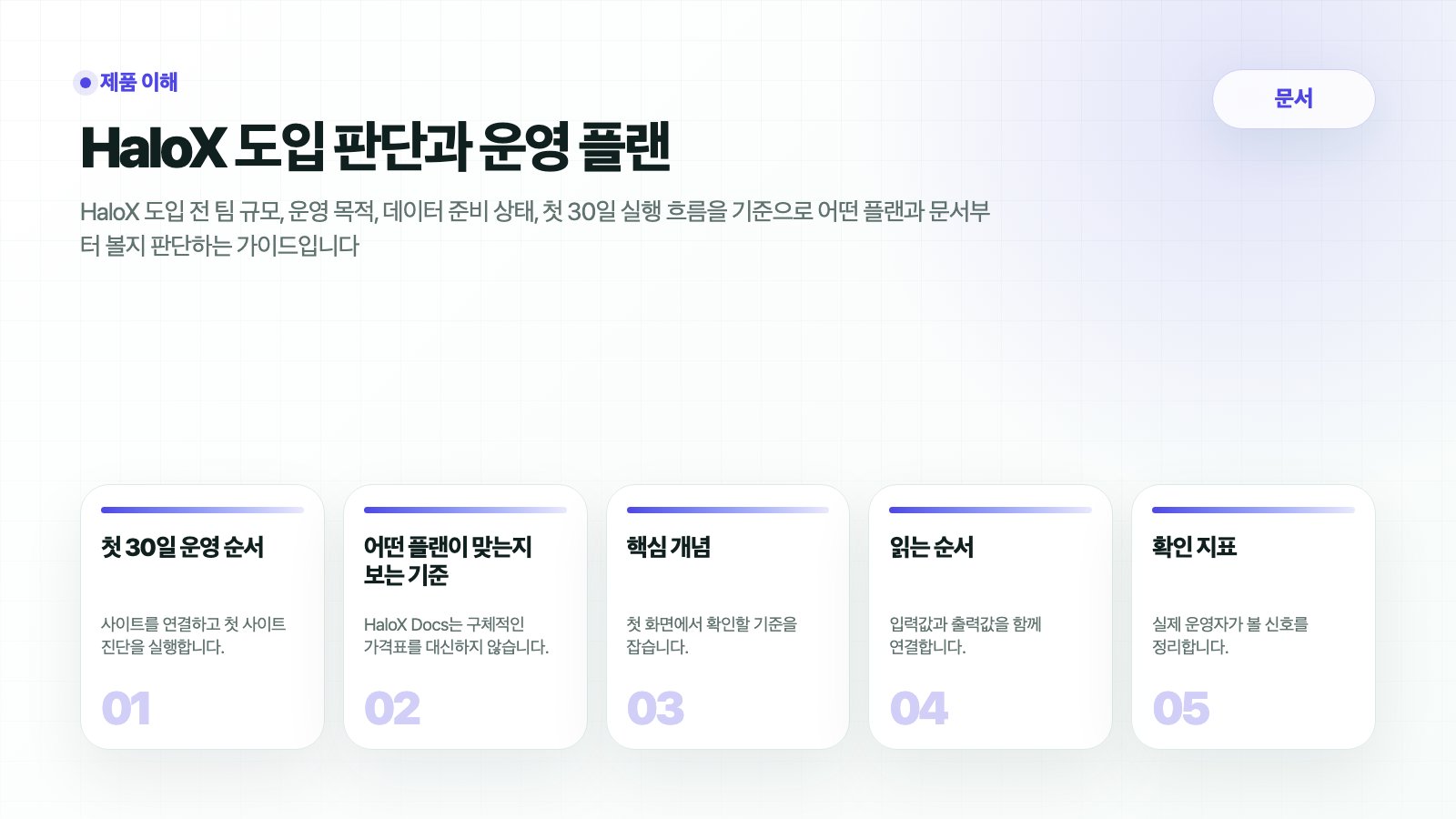HaloX 문서 페이지 HaloX 도입 판단과 운영 플랜의 핵심 흐름을 5개 카드로 요약한 썸네일