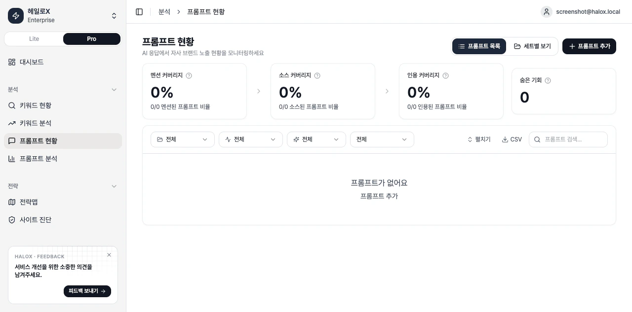 HaloX 프로 모드 프롬프트 현황 화면에서 프롬프트 목록 토글, KPI, 필터, CSV 내보내기 영역을 확인하는 화면
