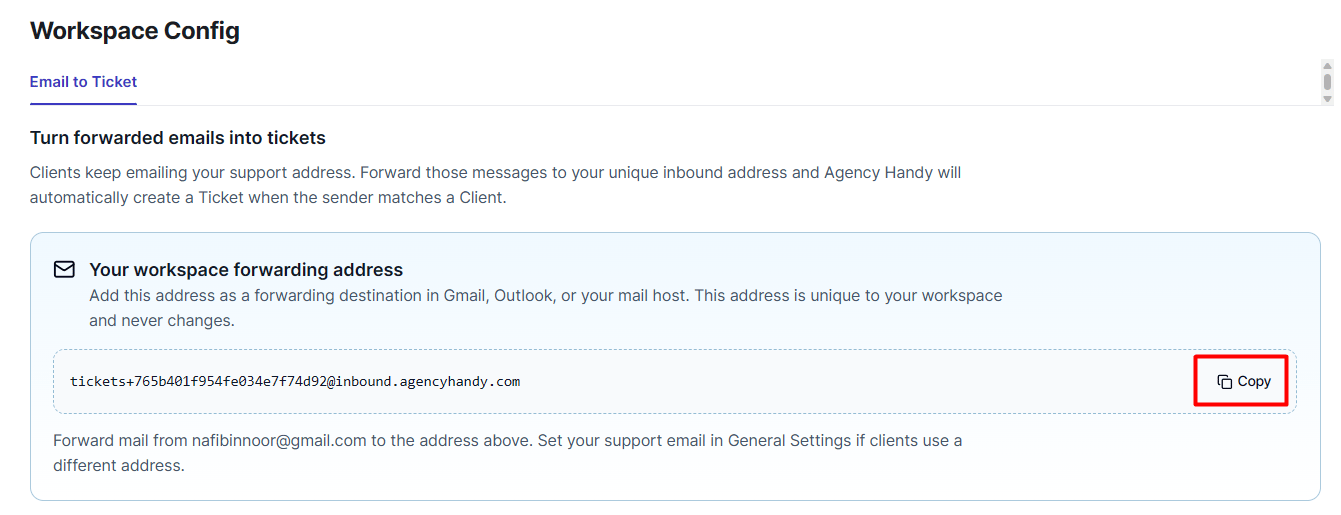 Workspace forwarding address with Copy button