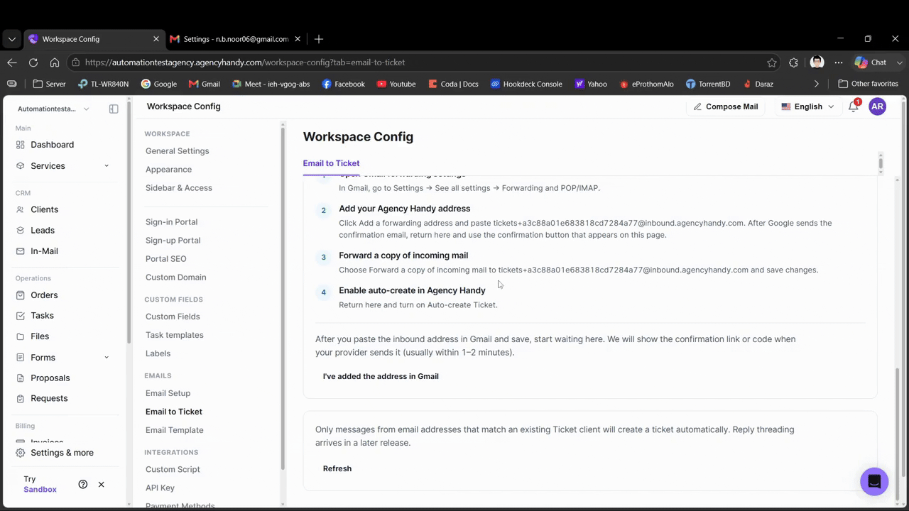 Verifying the forwarding address in AgencyHandy