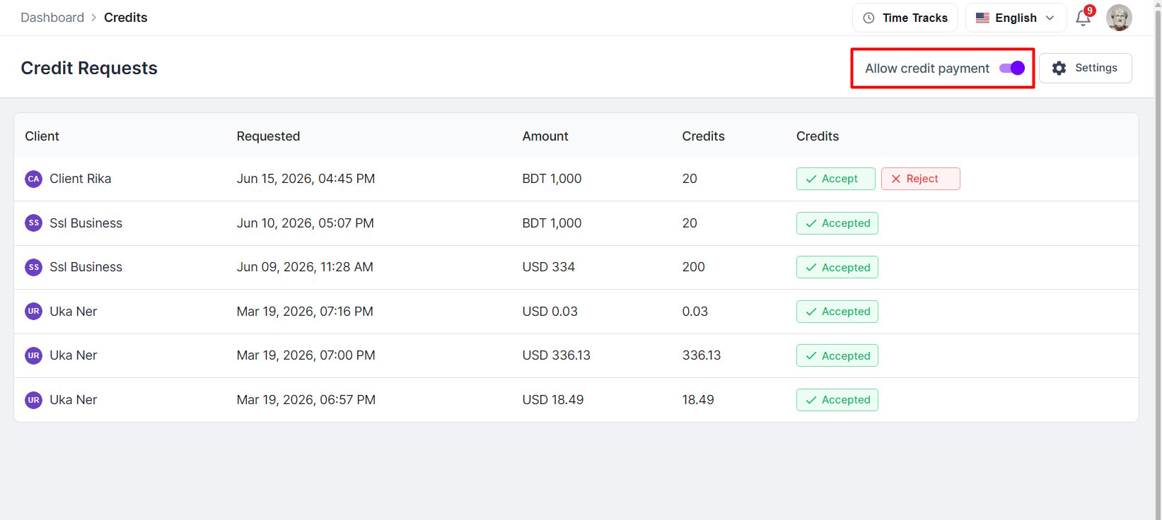 Toggle to turn on credit payment