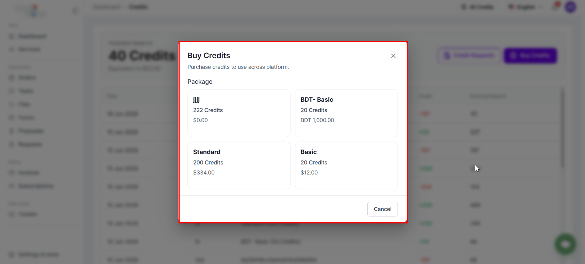 Buy Credits page showing available credit packages