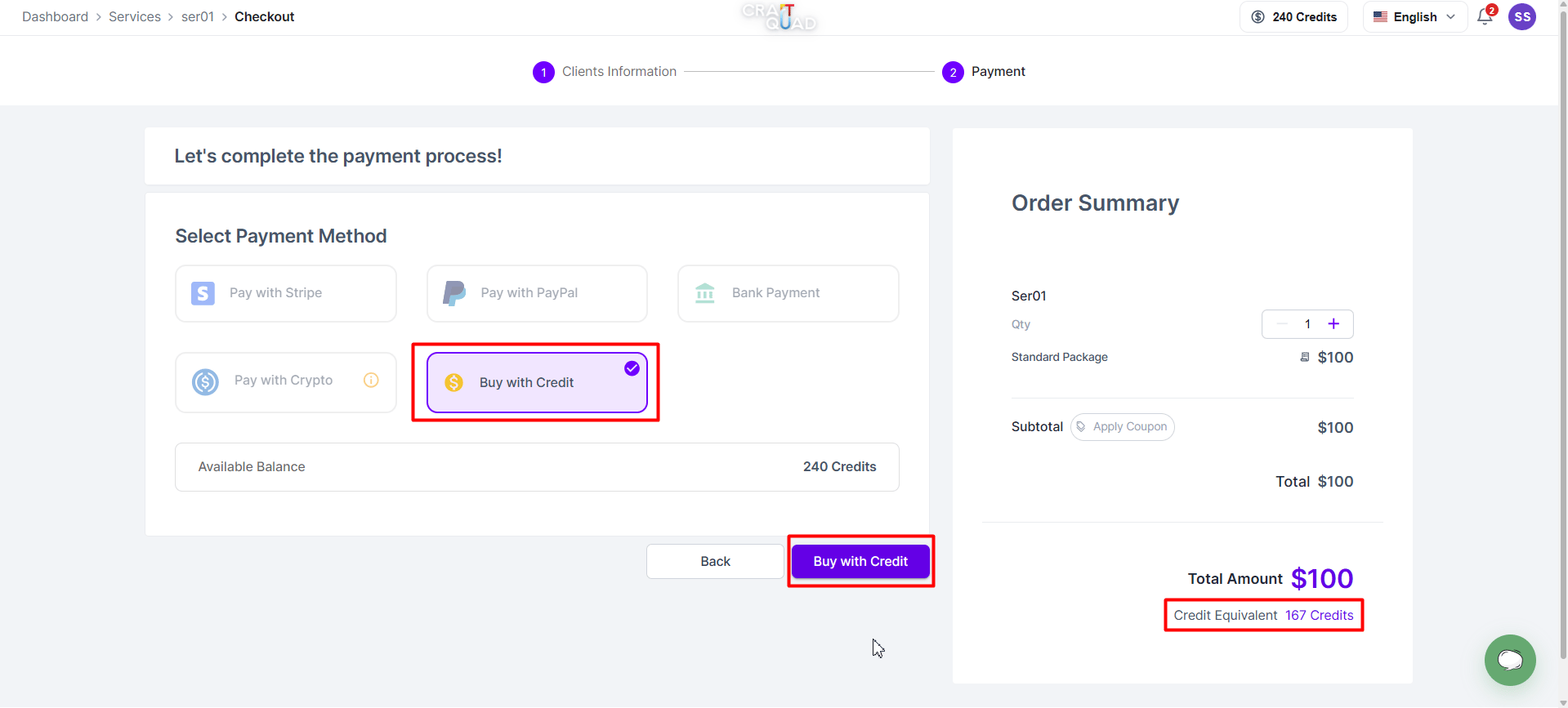 Service checkout showing the Buy with Credit option