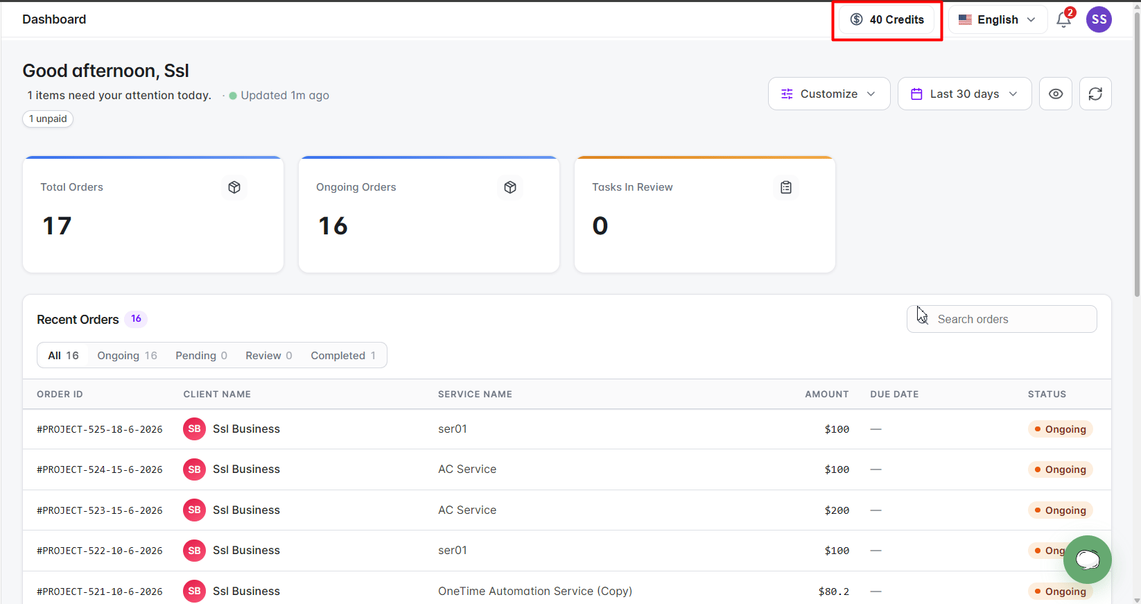 Credit balance widget in the client portal header