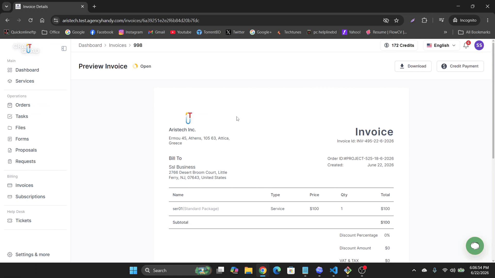 Invoice payment page showing the Pay with Credit option