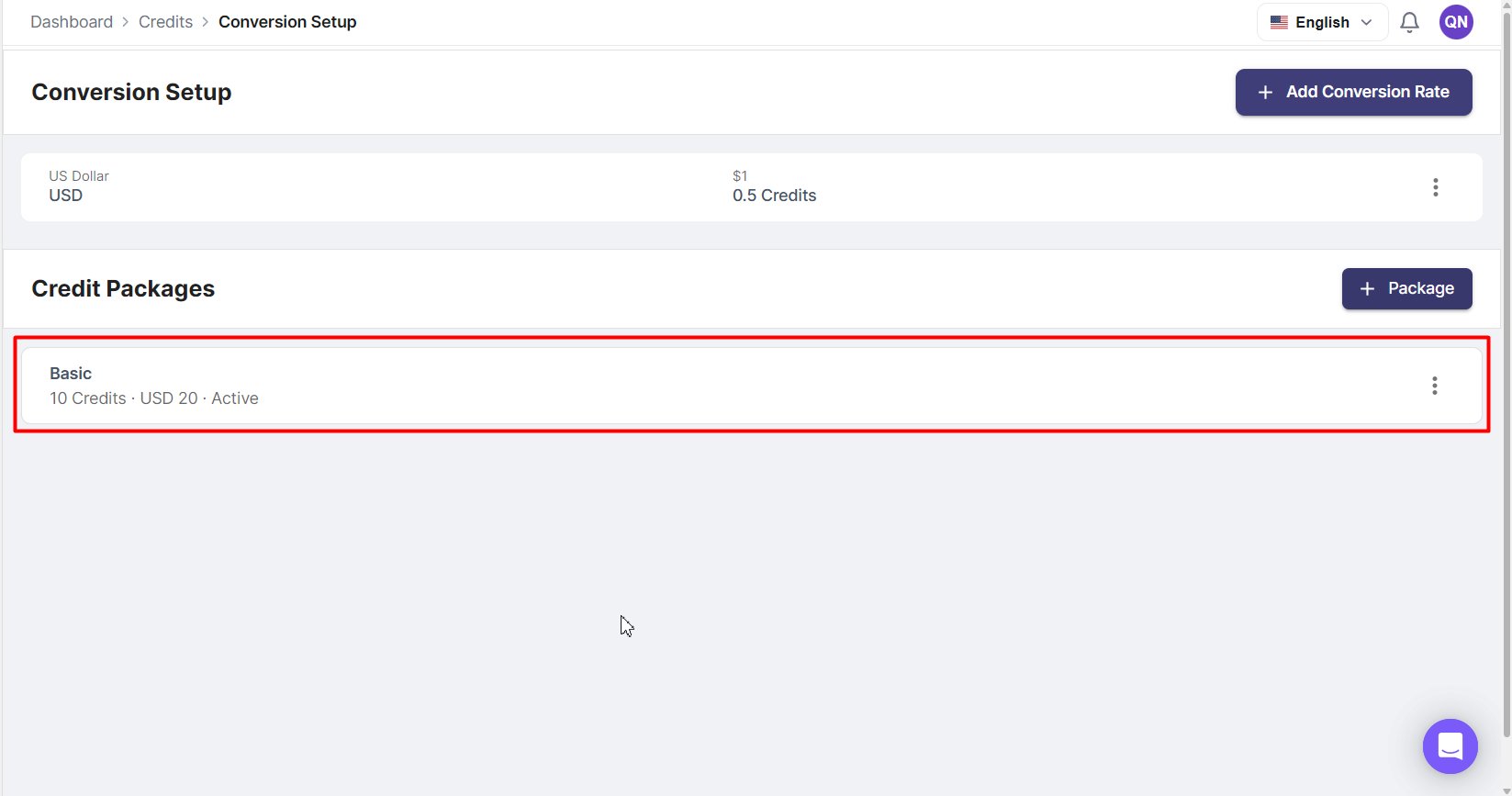 Credit Package List View
