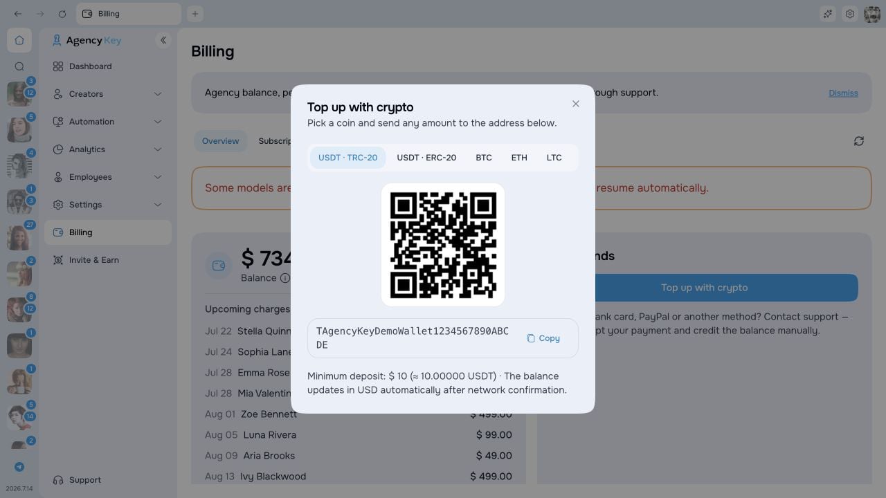 Choose a crypto network and copy the current deposit address