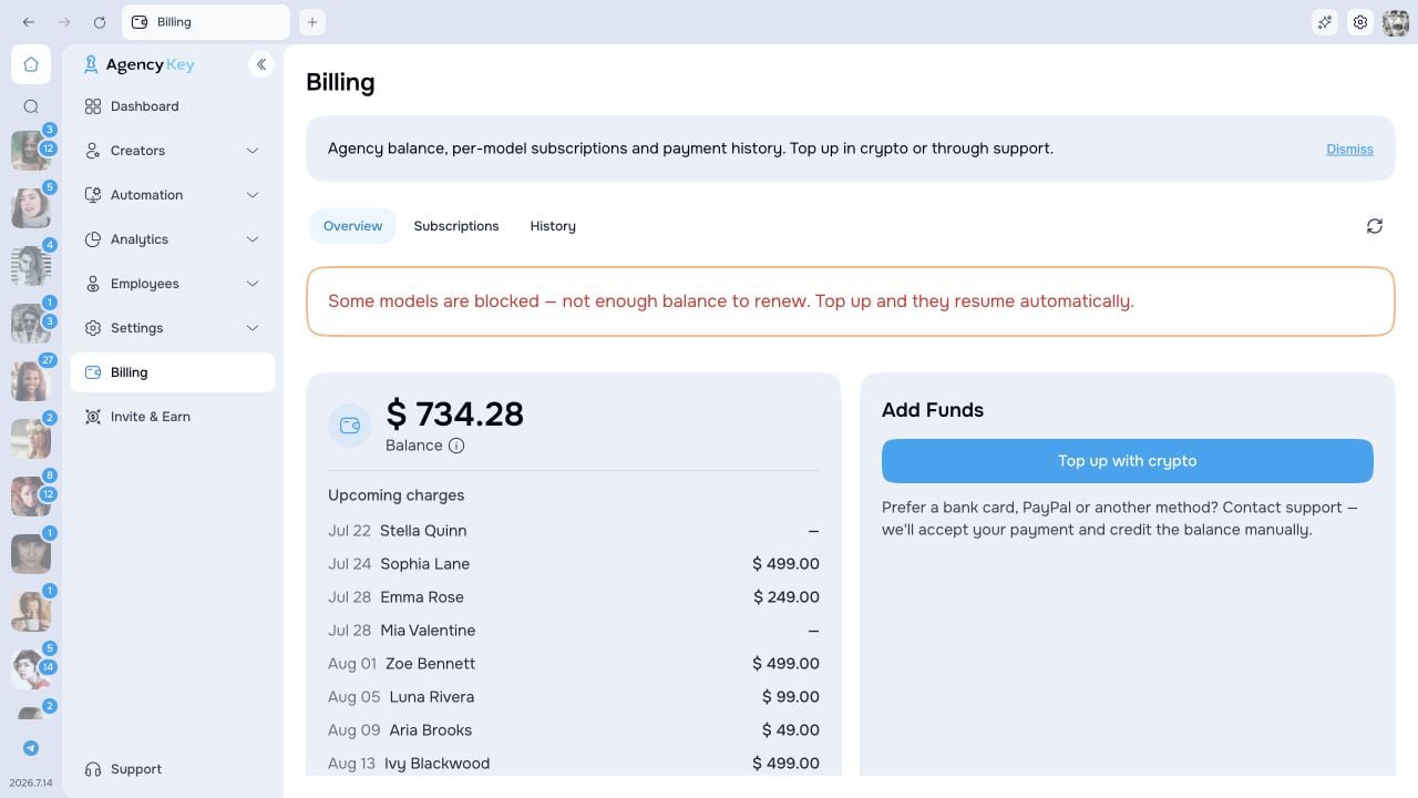 Billing overview with balance, renewal warning, and upcoming charges