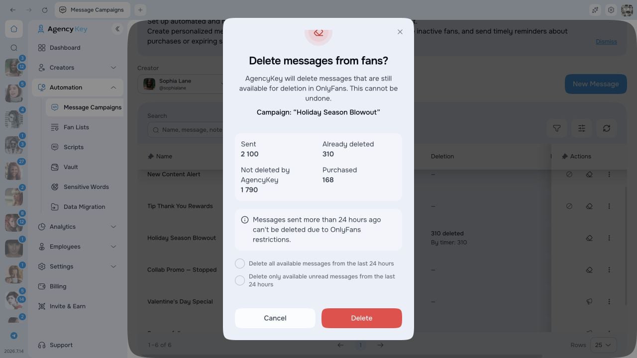 Choose which eligible sent messages to delete