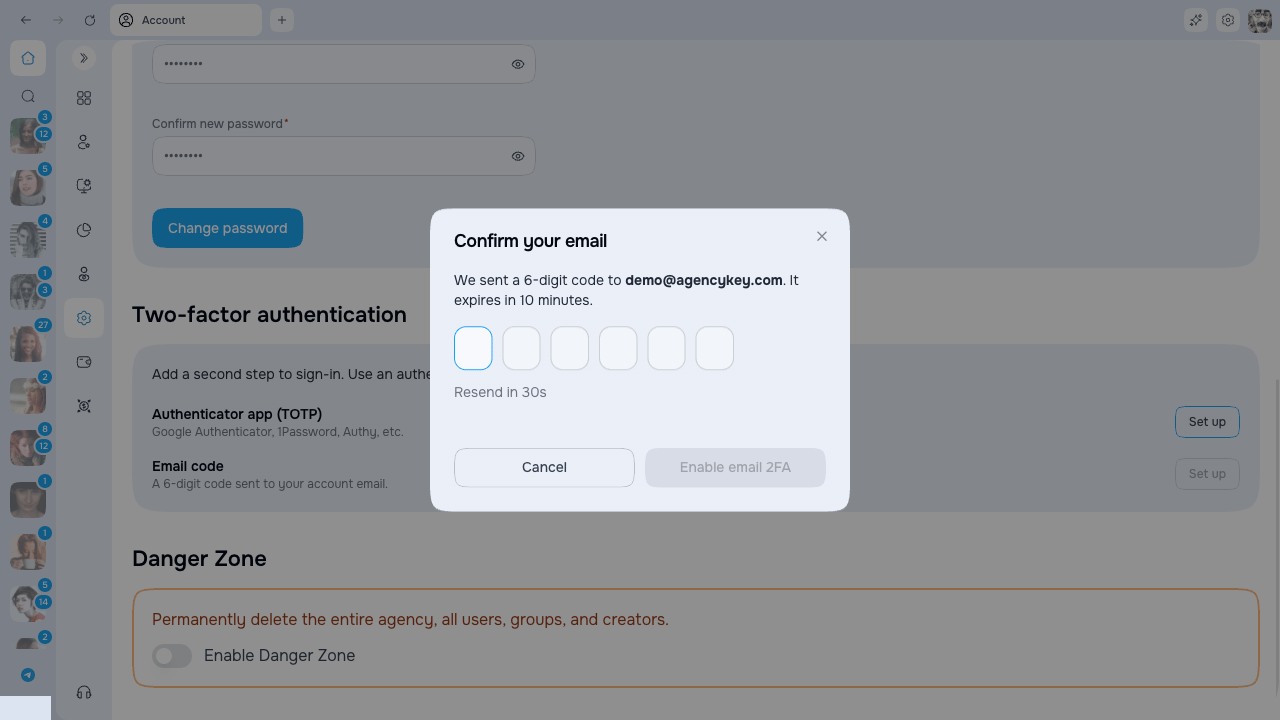 Email two-factor authentication setup
