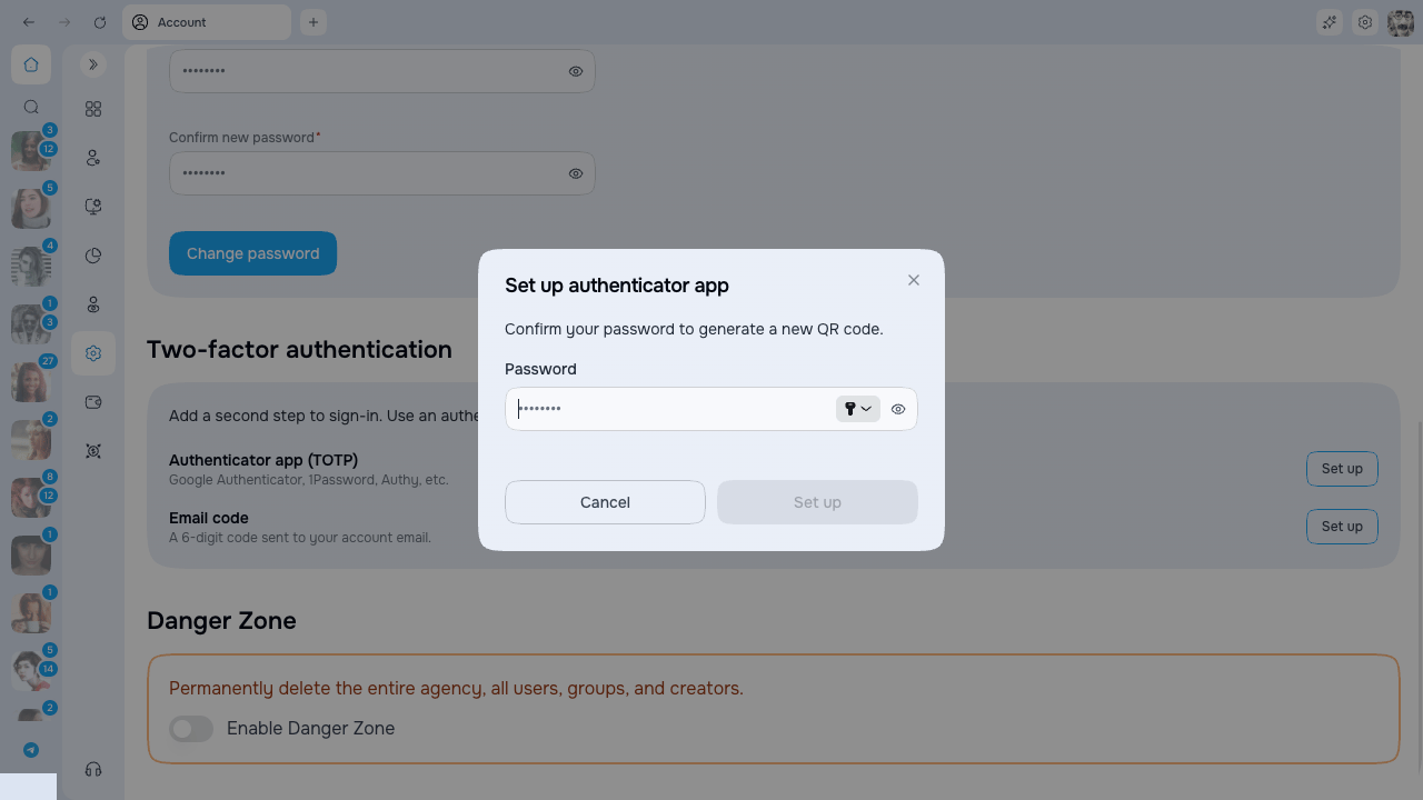 Password confirmation before AgencyKey generates the authenticator QR code
