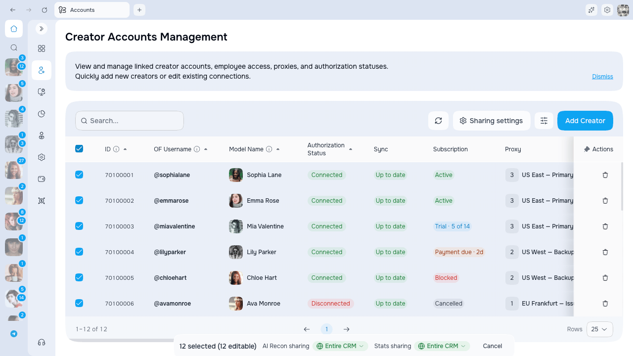 Bulk sharing controls for selected creators