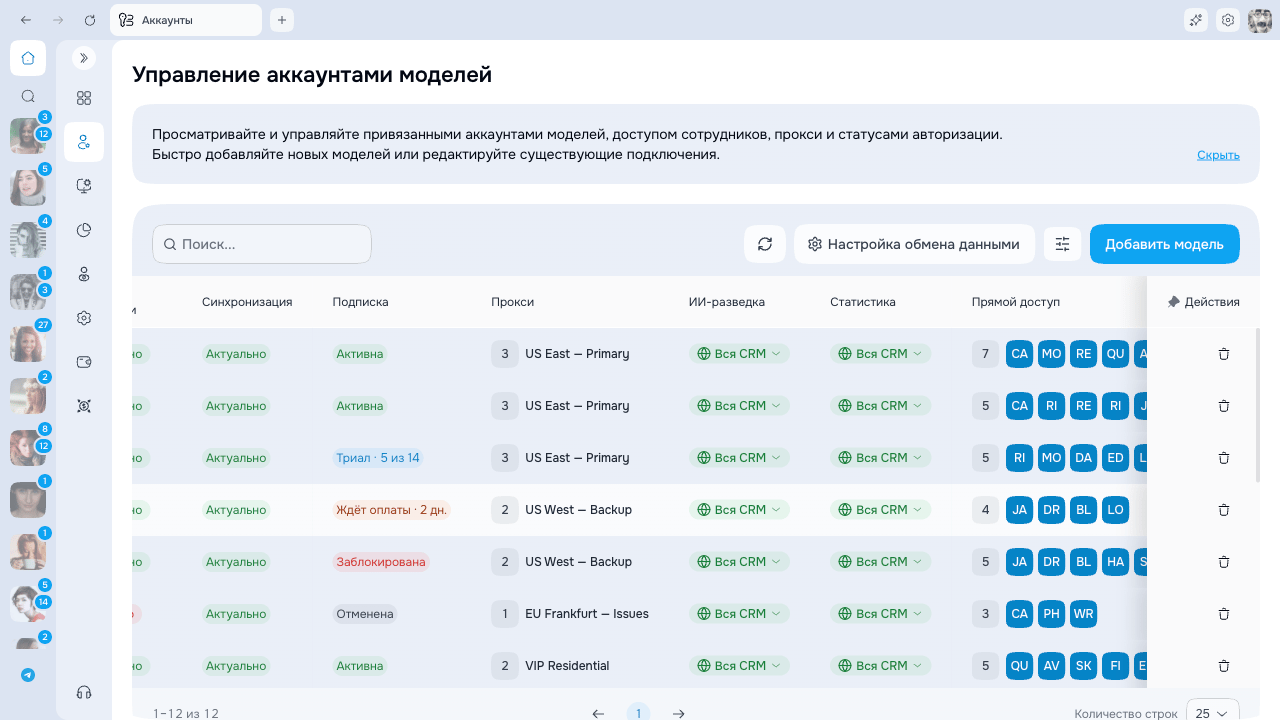 Таблица аккаунтов с колонками обмена AI Recon и Platform Stats