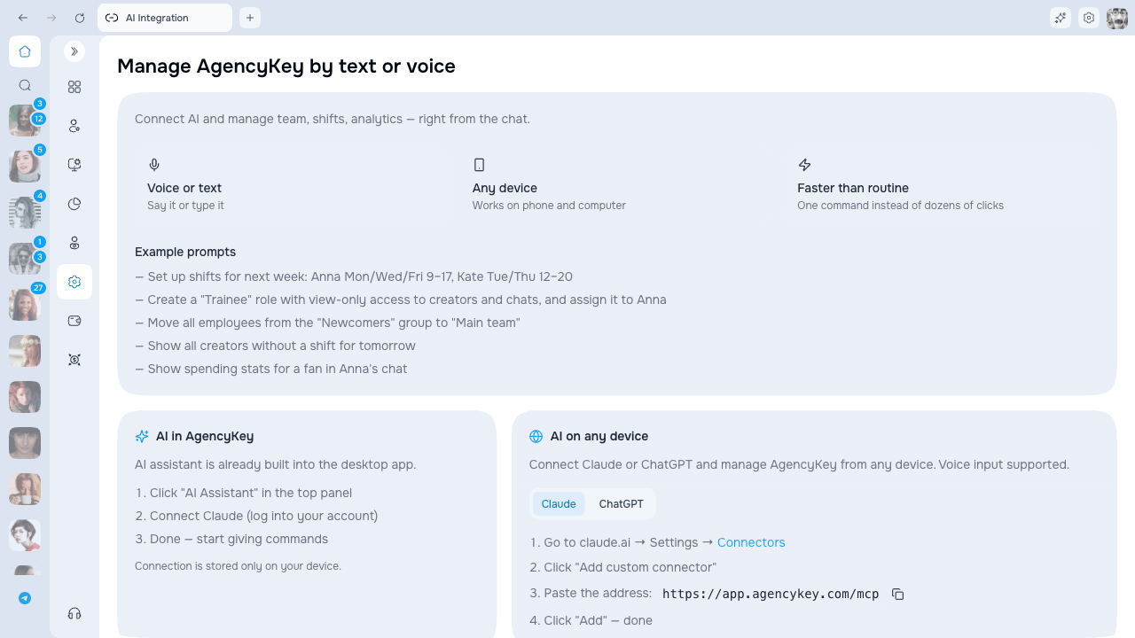 AI Integration page with Claude and ChatGPT setup and the AgencyKey MCP address