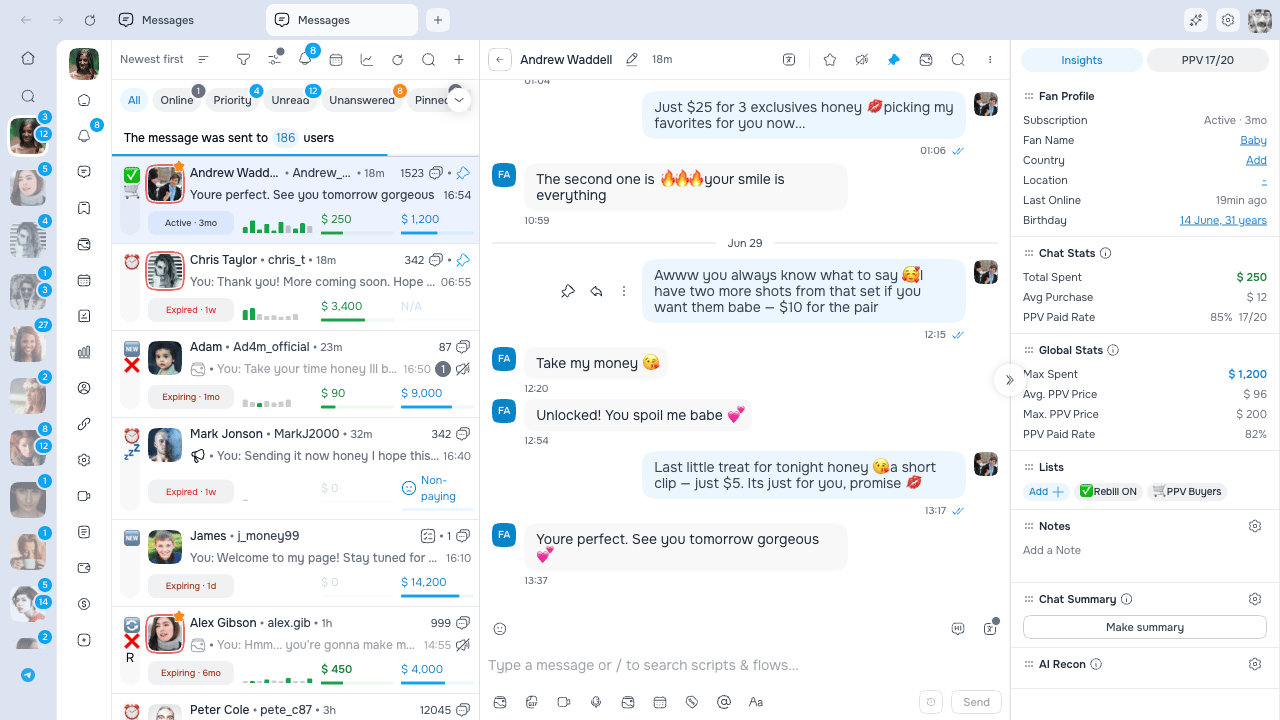 Single AgencyKey desktop tab row showing model-scoped OnlyFans chat tabs