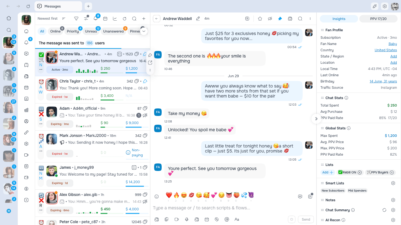 Open OnlyFans conversation in AgencyKey with the message composer and fan context panels
