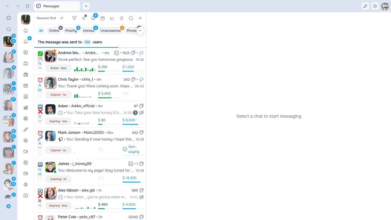 AgencyKey desktop OnlyFans chat workspace with model sidebar, chat list, conversation, and Insights panel