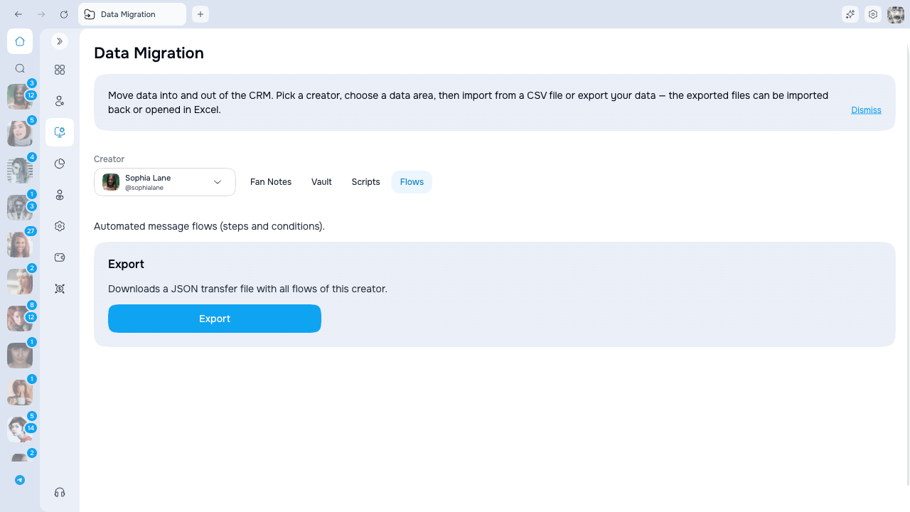 Flows export tab