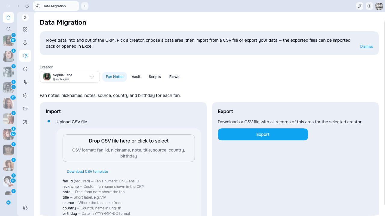 Data Migration overview with creator selector and data tabs