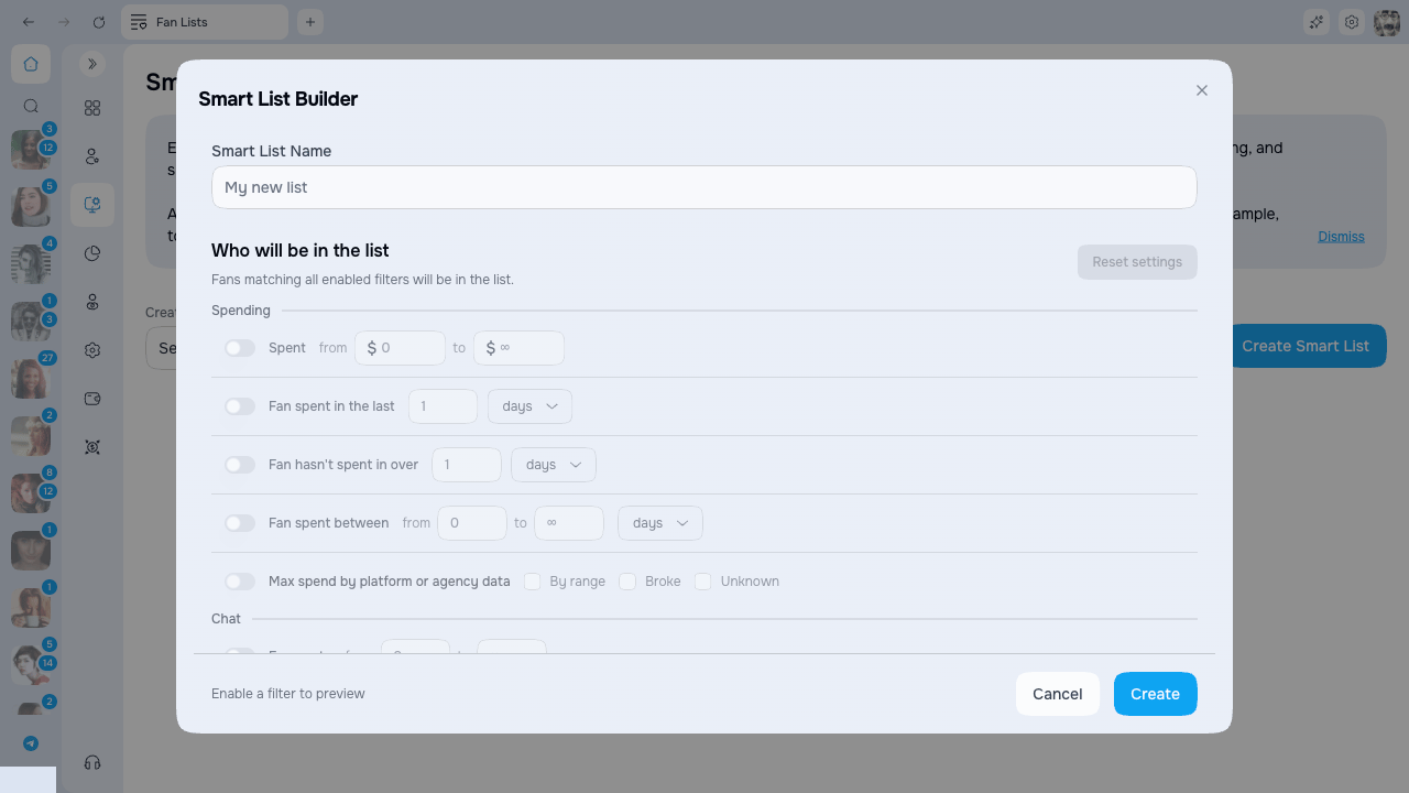 Smart List Builder with spend, chat, and subscription filters