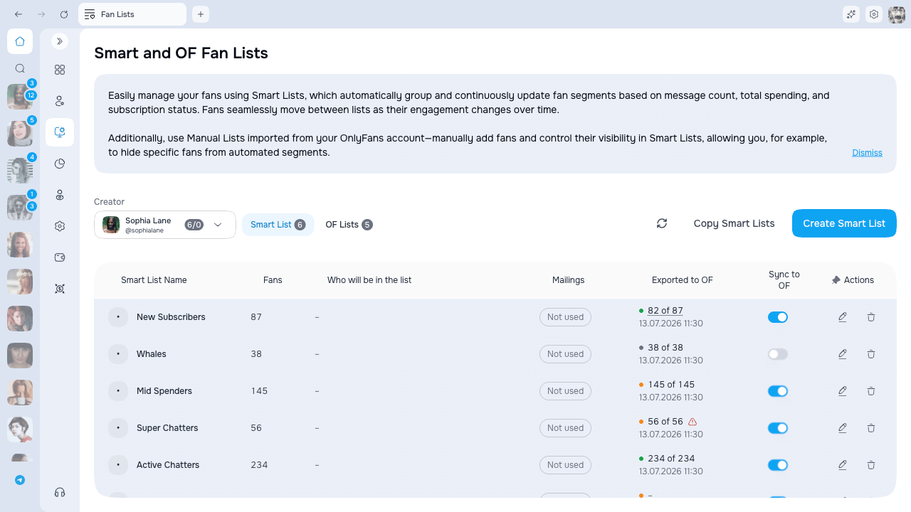 Smart Lists table with OnlyFans sync state and controls