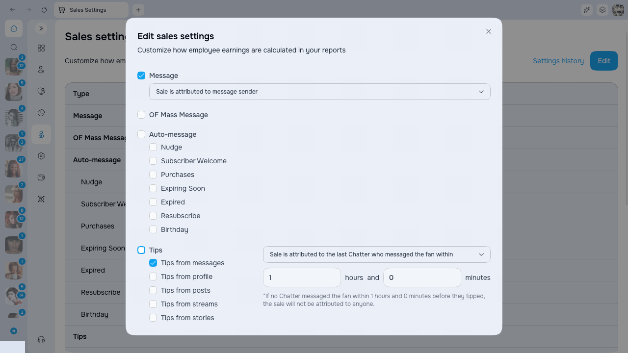 Sales Settings editor with attribution methods and exclusions