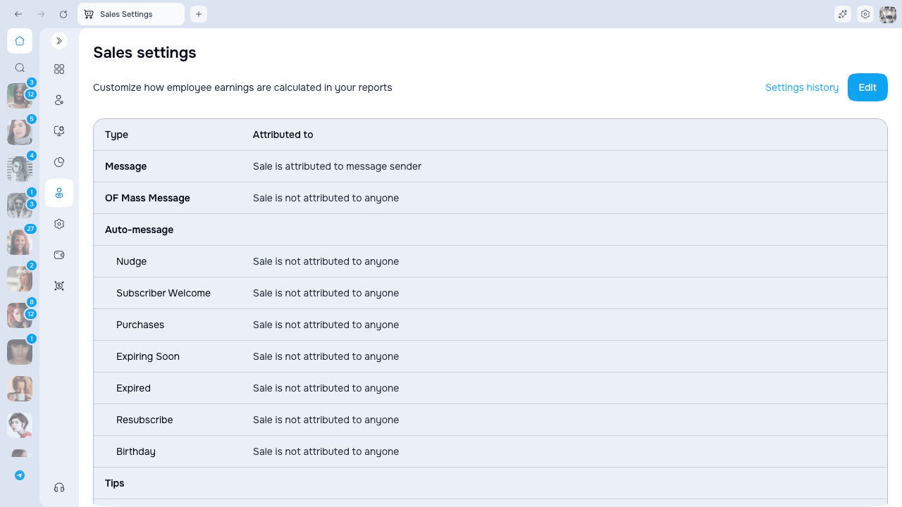Sales Settings overview with active attribution rules and history