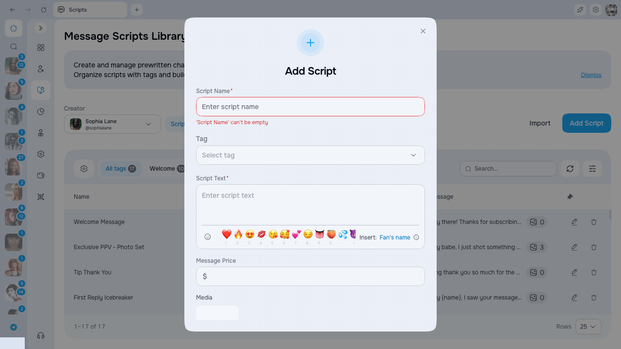 Script editor with message, price, media, and notes