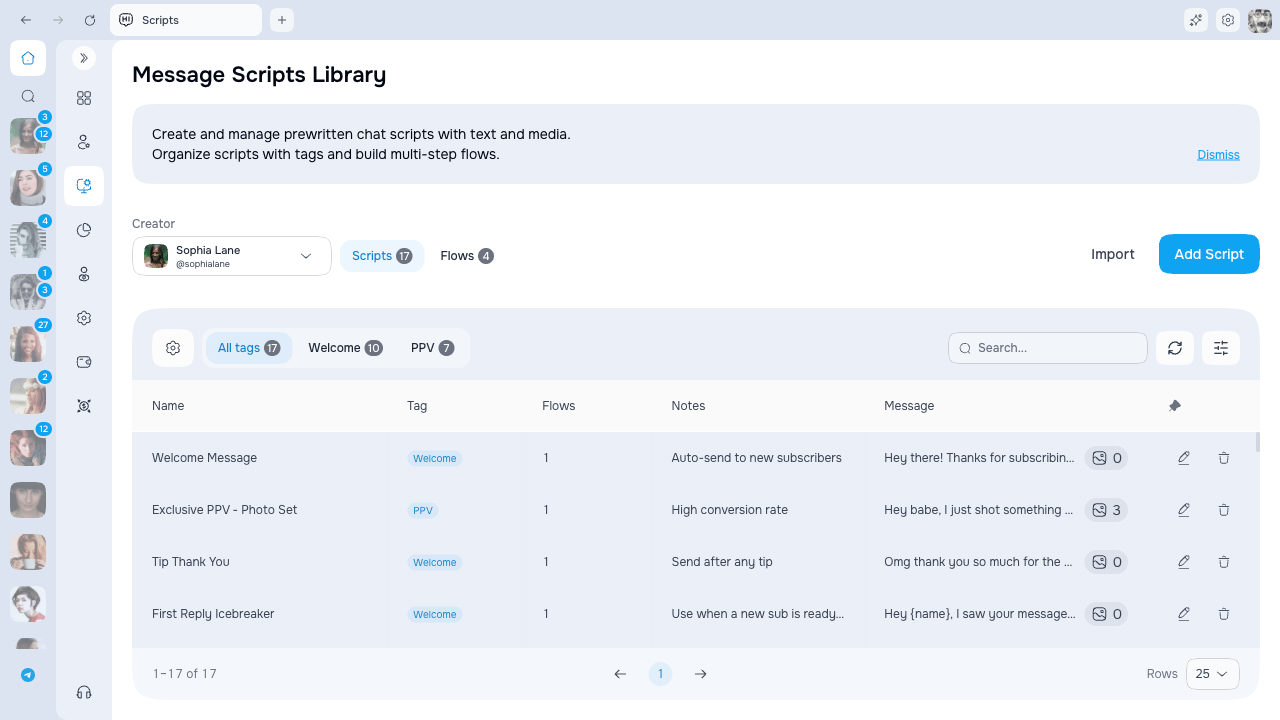 Scripts library with creator, search, and tag controls